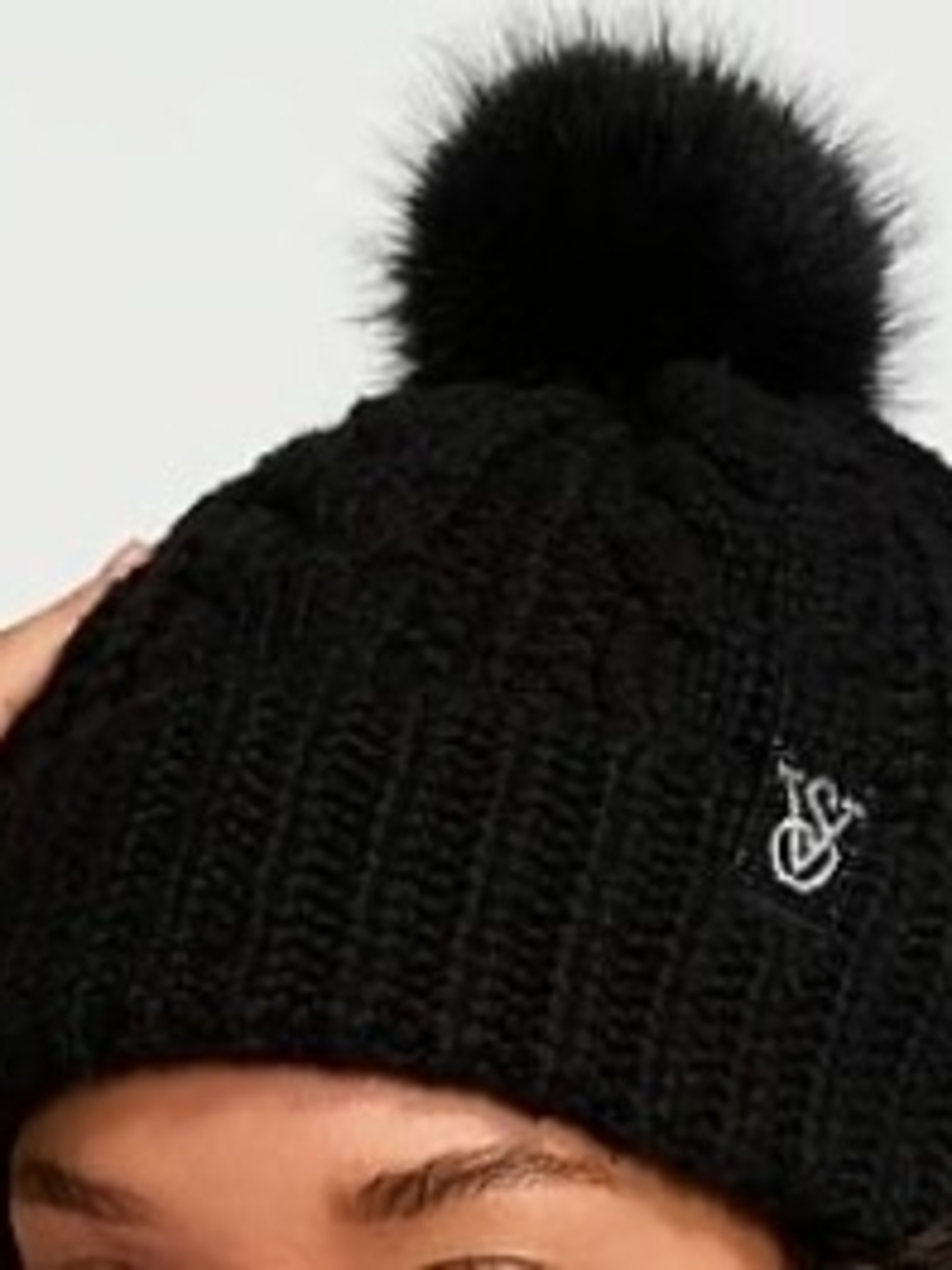 Victoria's Secret Black Cozy Cable Knit Pom Beanie